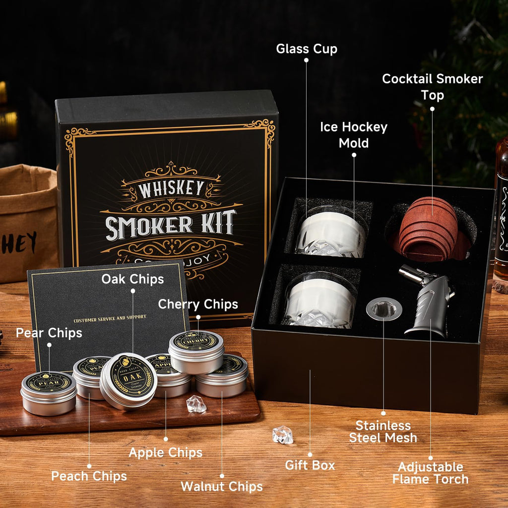 Whisky smoker kit contents and six wood varieties