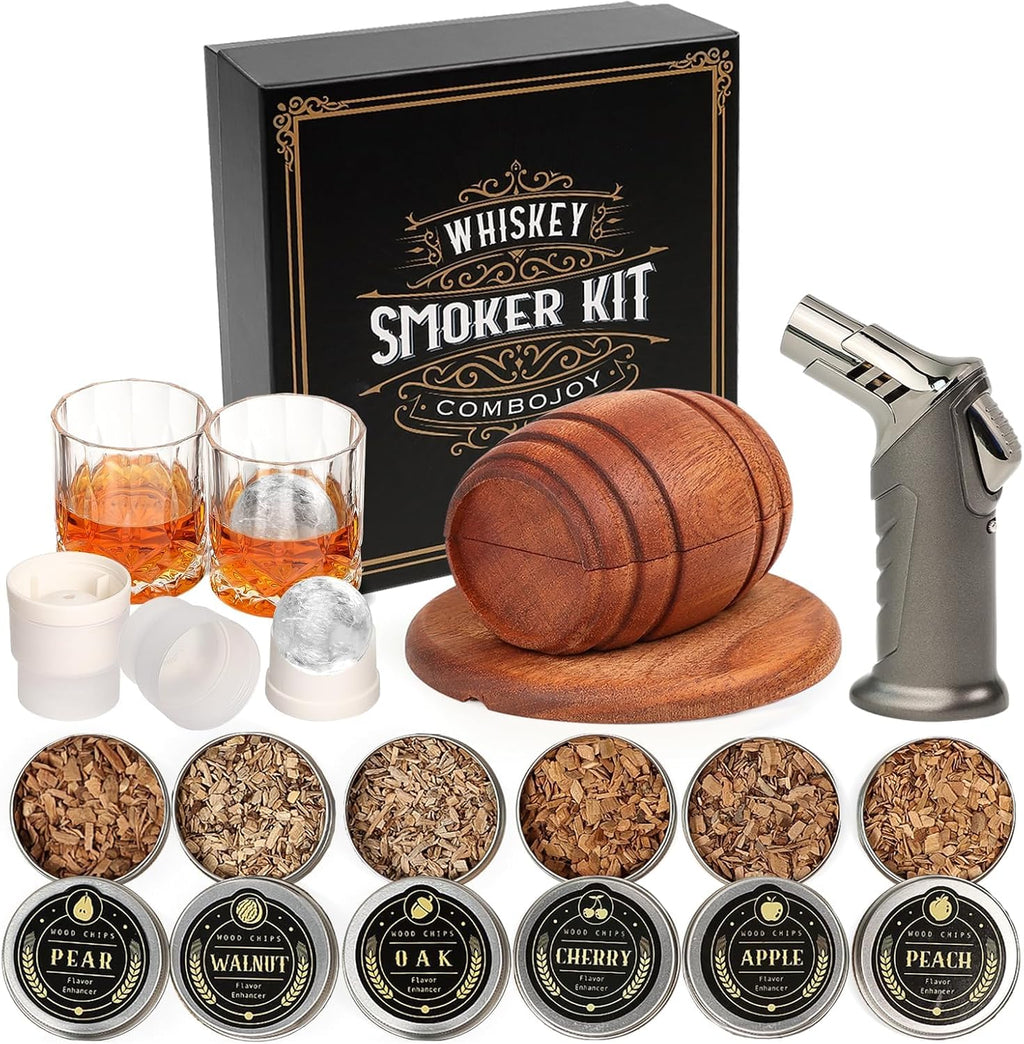 Whisky smoker gift set with torch, two glasses, ice moulds and six wood chip varieties